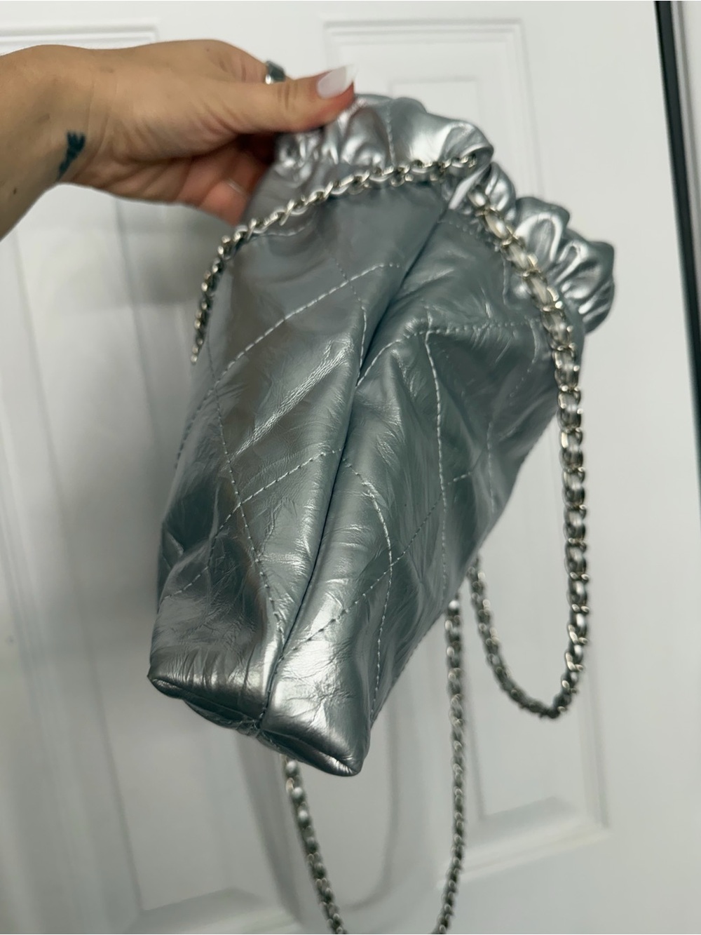 Silver Quilted Drawstring Shoulder Bag - Picture 5 of 7